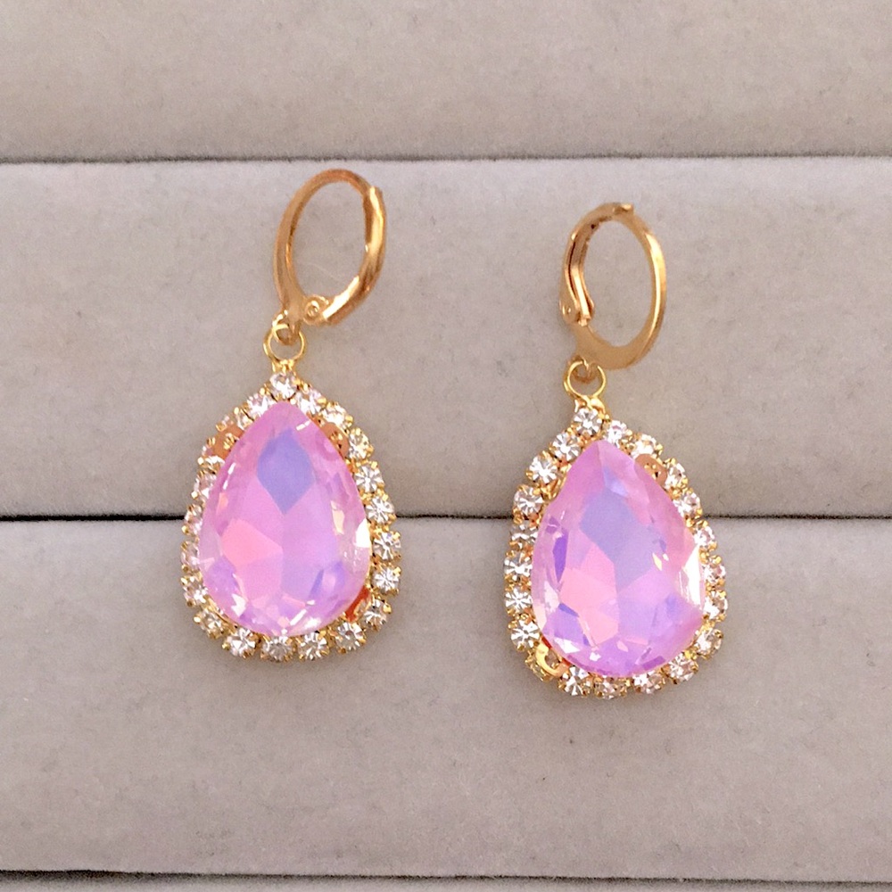 Pastel Lavender Opal Aurora Borealis + Gold Crystal Halo Pear Drop Earrings